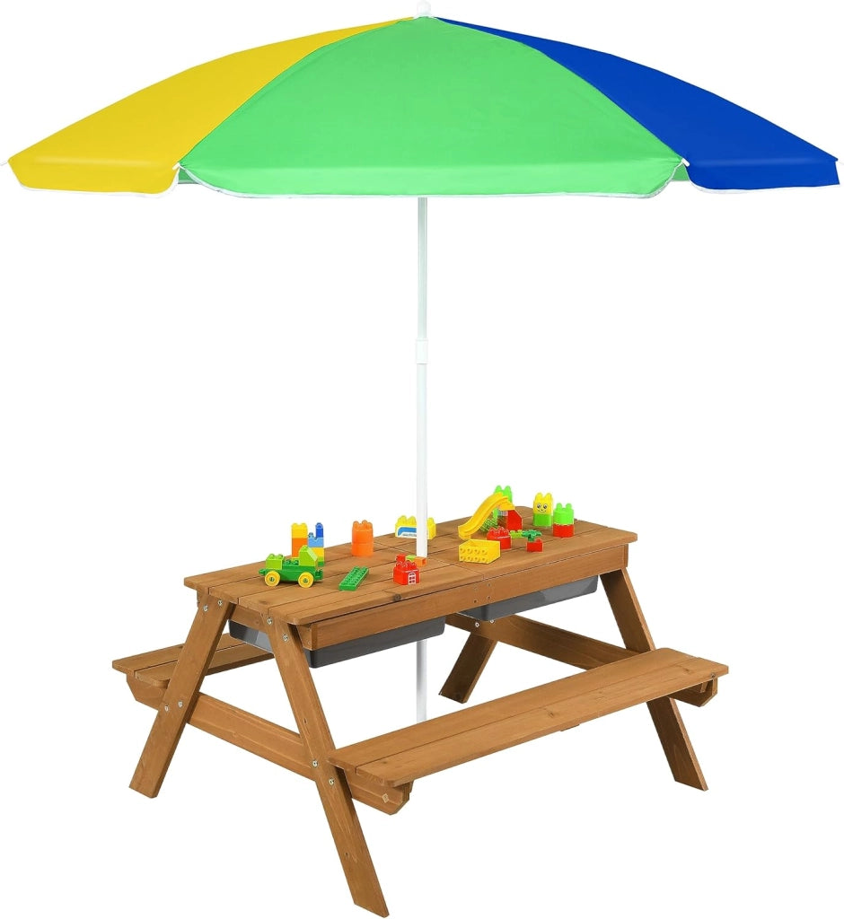 Set Tavolo e Sedie per Bambini da Giardino 3 in 1, con Ombrellone Rimovibile e Regolabile, Piano Rimovibile, Tavolo con Panche in Legno per Bambini da Interno Esterno (Verde e Bianco)