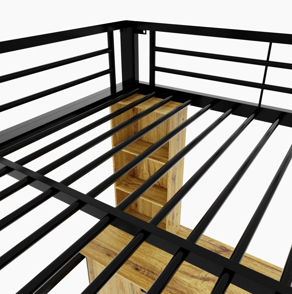 Letto a soppalco nero con scrivania, armadio, scala contenitore e USB