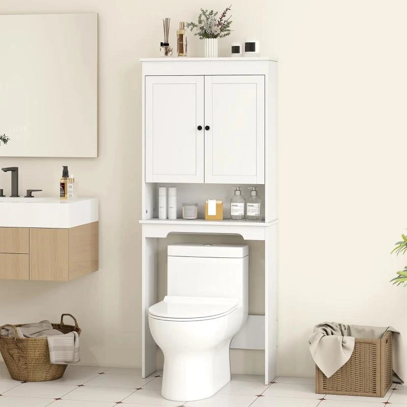 MOBILE SOPRA WC CON 3 MENSOLE CHIUSE E RIPIANO APERTO, IN LEGNO, 65X22X161 CM, BIANCO