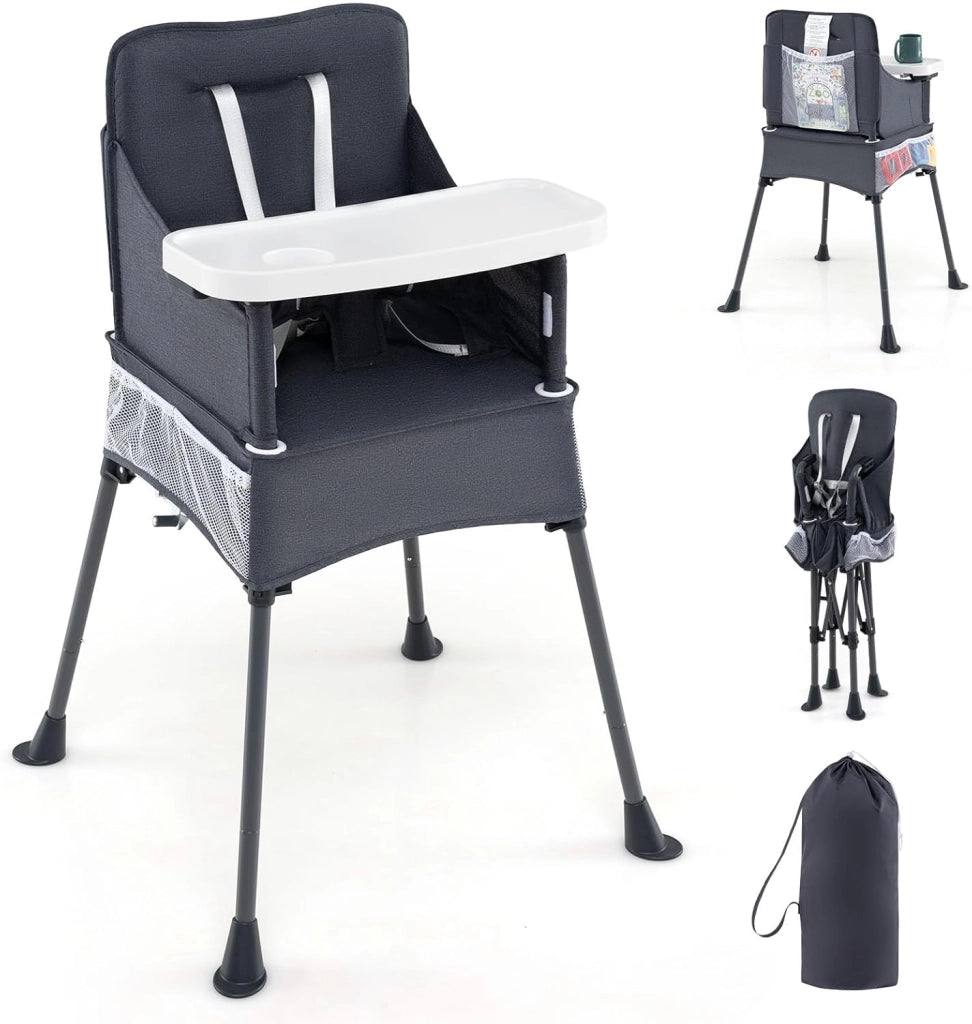 Seggiolone Pieghevole per Bambini, Seggiolone Salvaspazio con Vassoio Regolabile a 2 Livelli, Cintura di Sicurezza, Aperture Regolabili per Gambe, Tasche, per Bambini 6-36 Mesi
