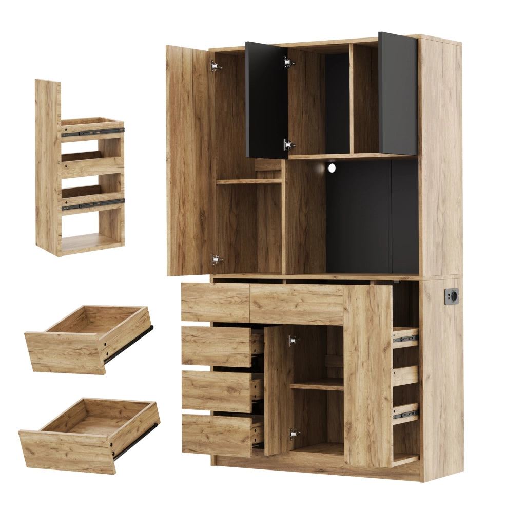 Mobile buffet da cucina nero e naturale con LED, prese integrate e ripiani regolabili