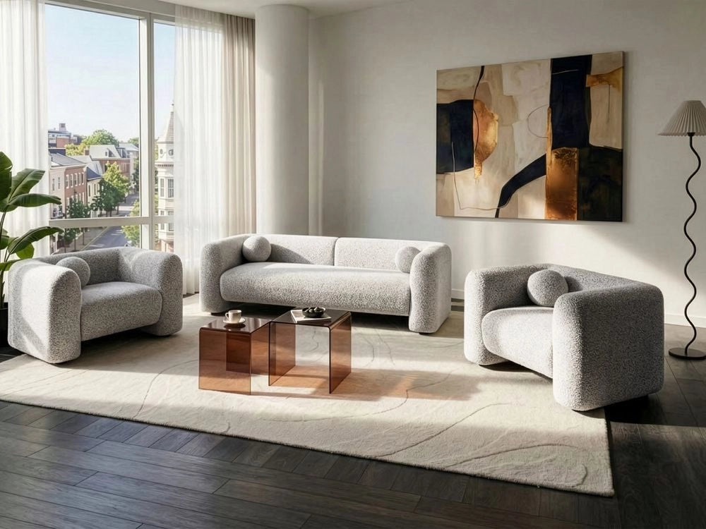 Set da salotto composto da divano a 5 posti e 2 poltrone in tessuto bouclè beige con cuscini aggiuntivi stile glamour retrò soggiorno