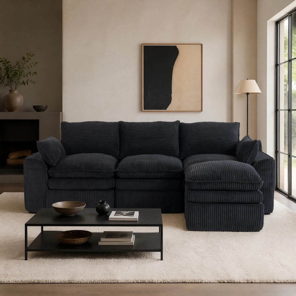 DIVANO modulare in velluto a coste nero con tasche laterali 263x167x85 cm