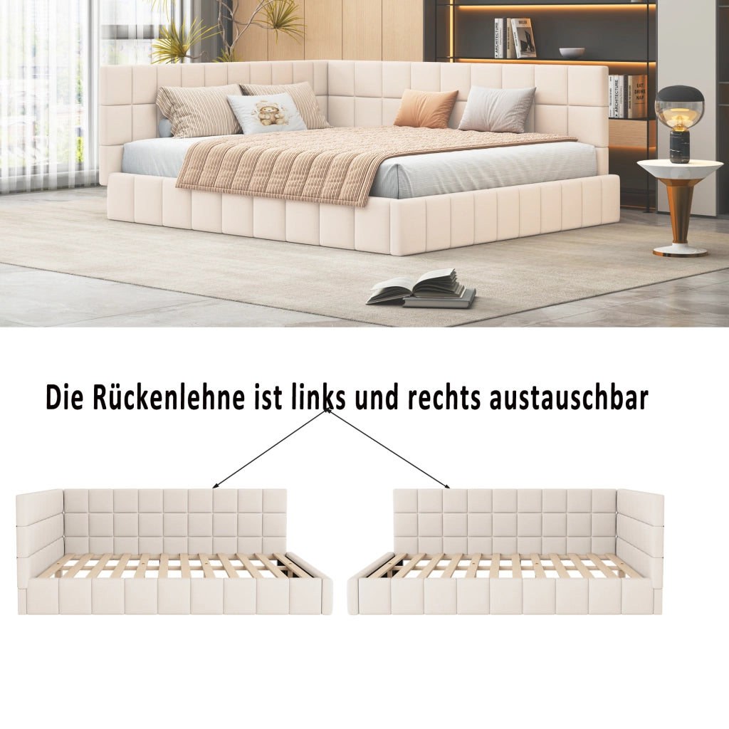 OKWISH Letto Divano 160×200 cm, Letto Matrimoniale con Schienale e Bracciolo, Schienale Reversibile, senza Materasso, Imbottito, Beige