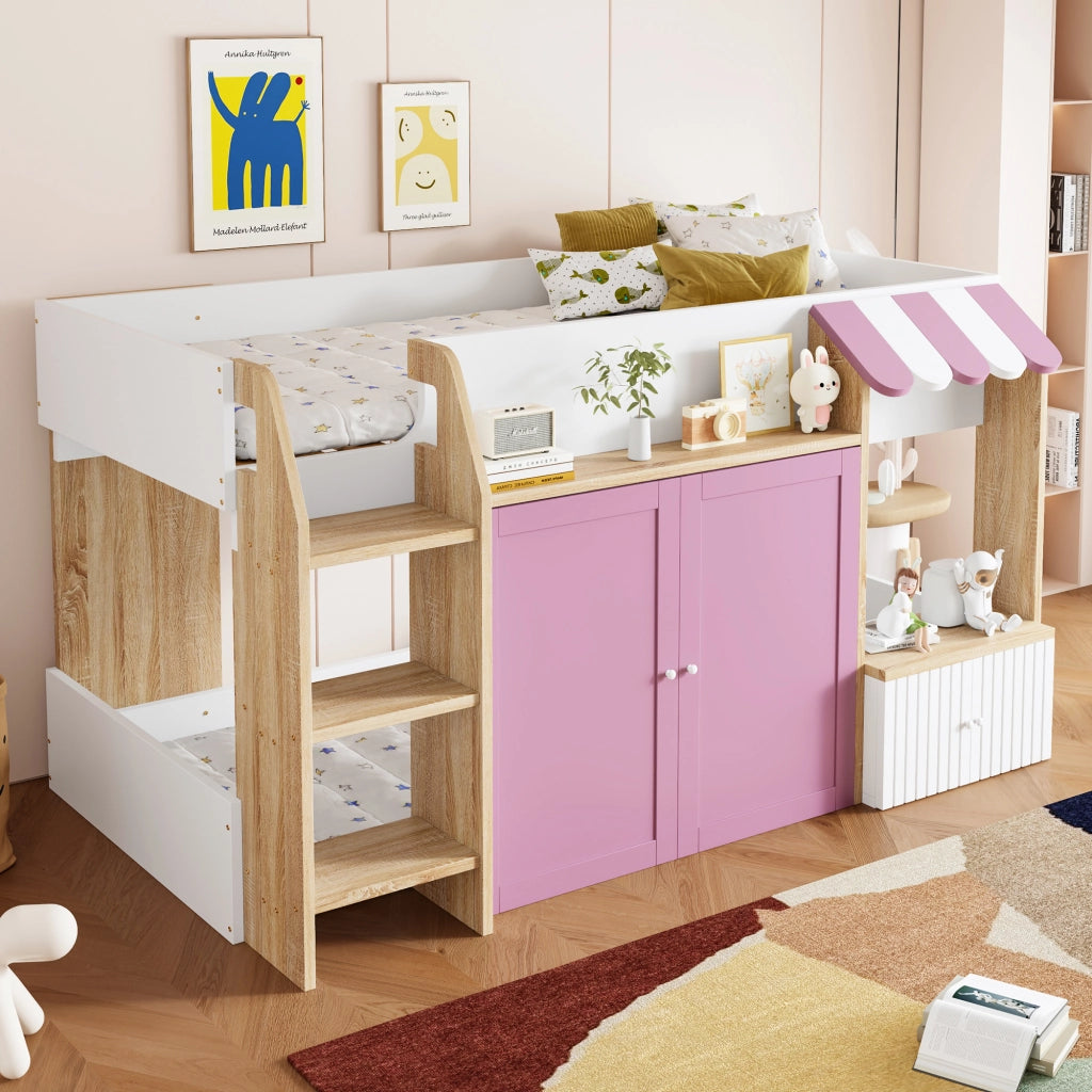 OKWISH Letto a soppalco bambino 90×200 cm, Letto Singolo con Scala Larga, Contenitori e Mensole, senza Materasso, in Legno, Rosa e Bianco