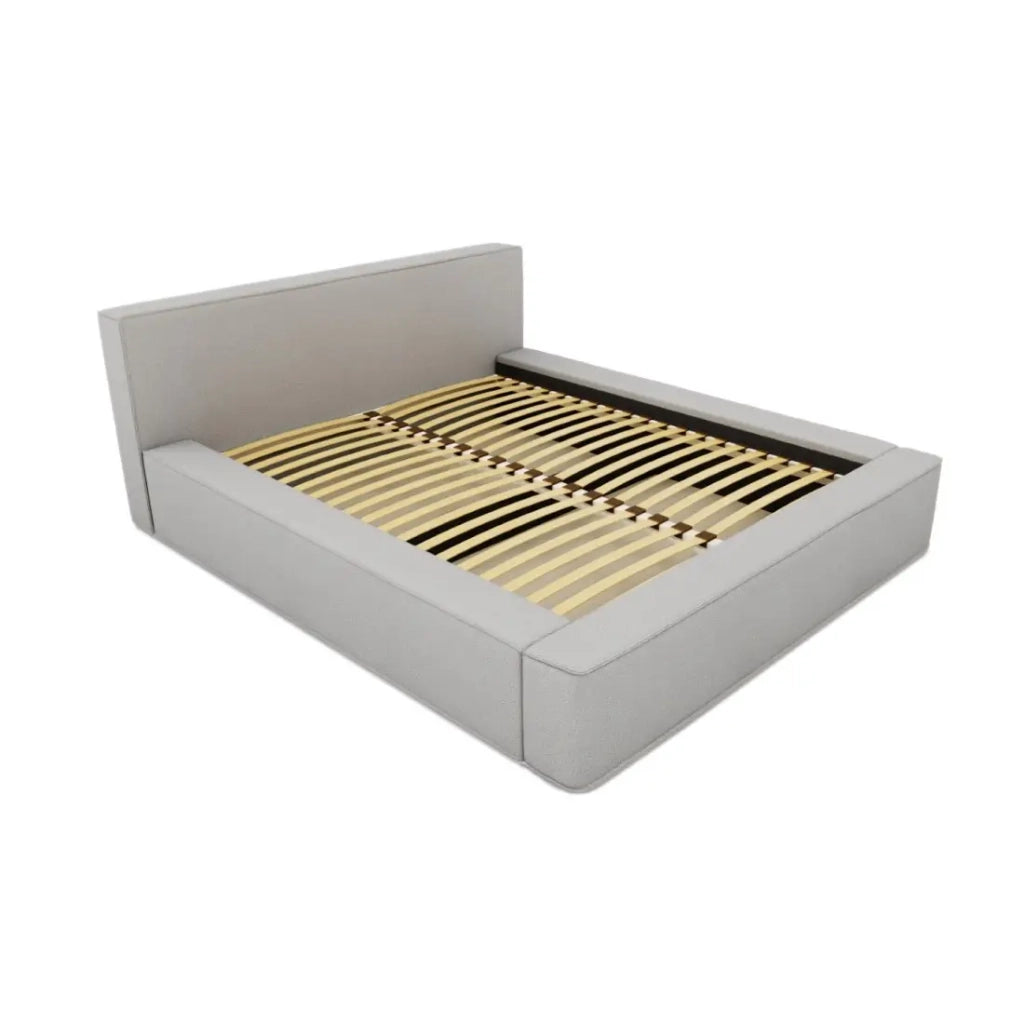 Letto contenitore VELORA – Sabbia grigia bouclé – 180x200 cm – Tessuto velluto morbido – Rete sollevabile – Spazio di stoccaggio integrato