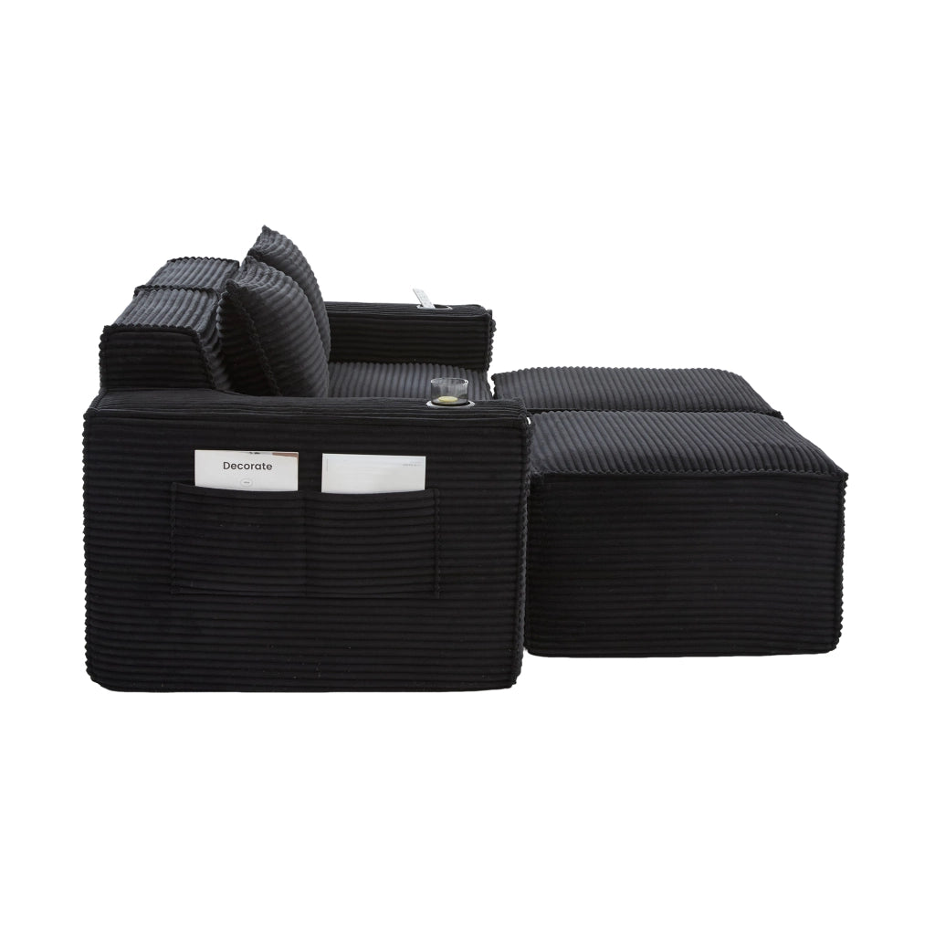 Divano modulare 2 posti in tessuto a coste con 2 pouf, portabicchieri e tasche, imbottitura in molle e schiuma, nero