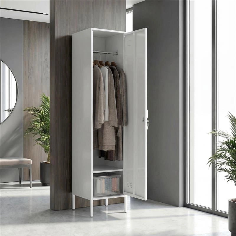 ARMADIO METALLICO CON PORTA CHIUDIBILE, PORTANOME E ASTA APPENDIABITI, 40X40X179 CM, BIANCO