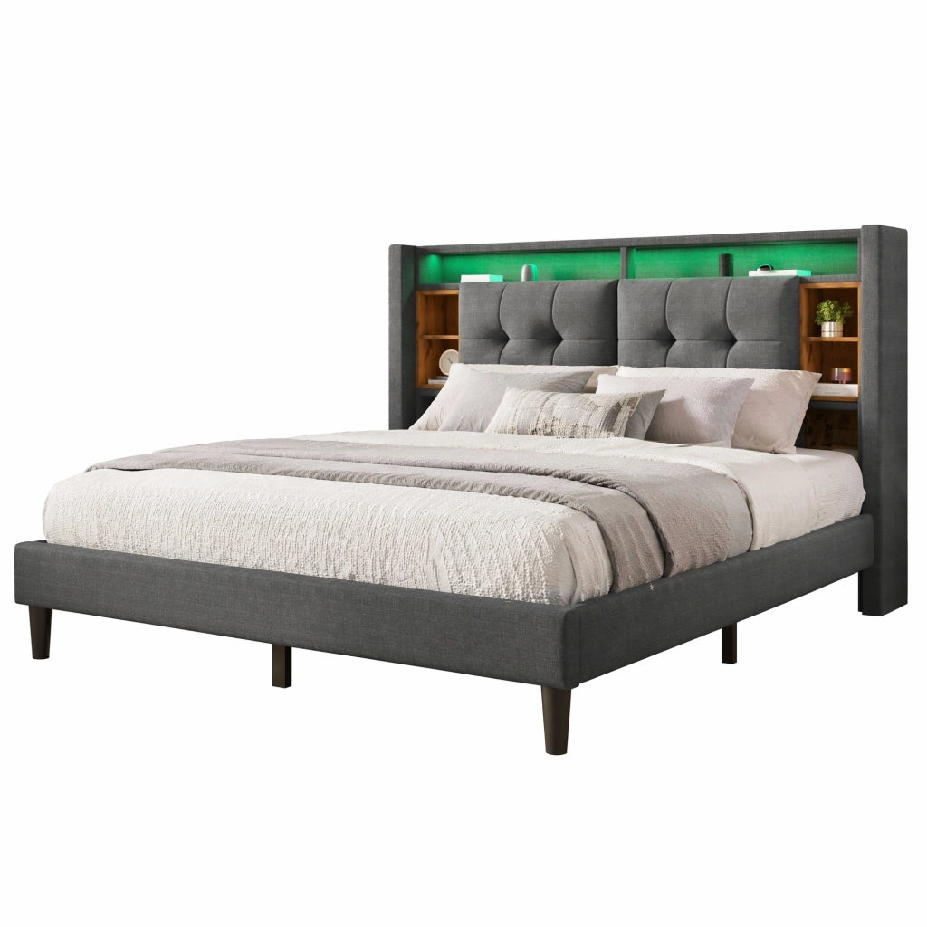 Letto matrimoniale imbottito con contenitore; LED e prese USB; 140x200 cm; grigio