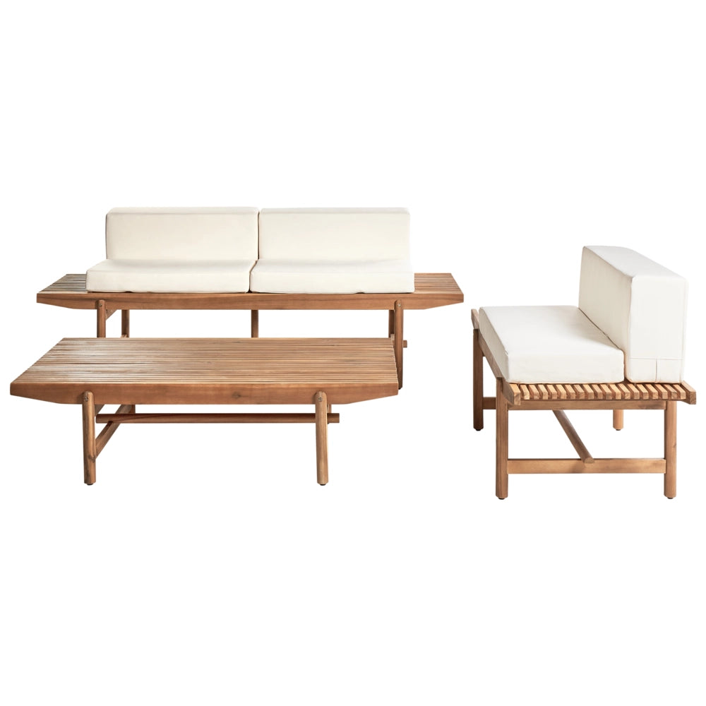 Set di divani da giardino Cuscini bianco sporco Legno di acacia Rustico per esterni 3 posti con tavolino