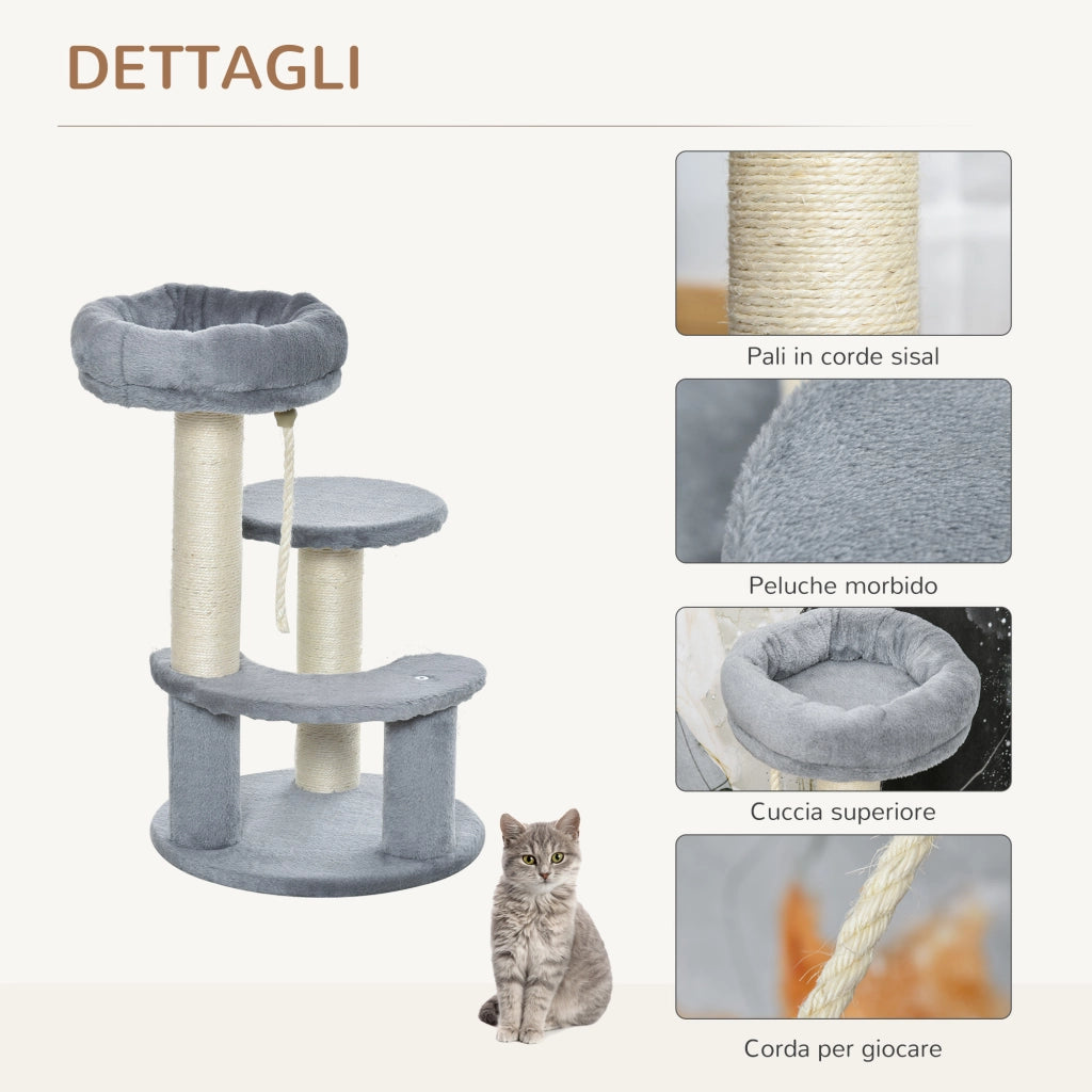 EasyComfort Albero Tiragraffi per Gatti a 3 Livelli con Piattaforme, Lettino e Pali in Sisal, Torre per Gatti con Rivestimento in Peluche, Ø40x65 cm, Grigio