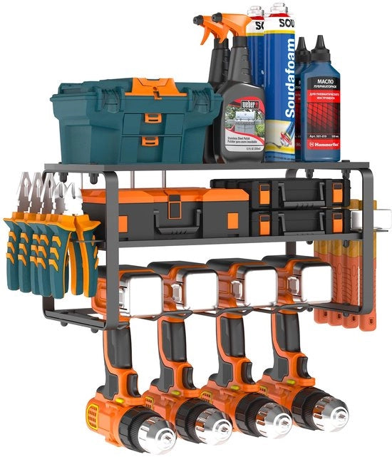 Magazzino attrezzi a muro, stante attrezzi per 4 elettroutensili, 3 livelli percussori attrezzi con regolatore di velocità e 4 supporti per viti con 4 supporti per trapani per garage e officina