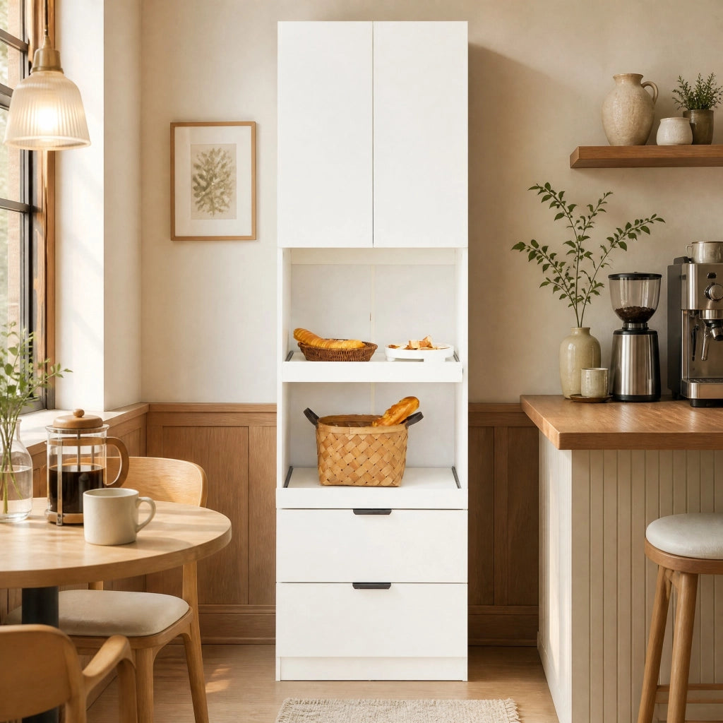 Armadio cucina multifunzione bianco con 1 anta, 2 ripiani aperti e 2 cassetti, 59,5 x 45 x 200 cm