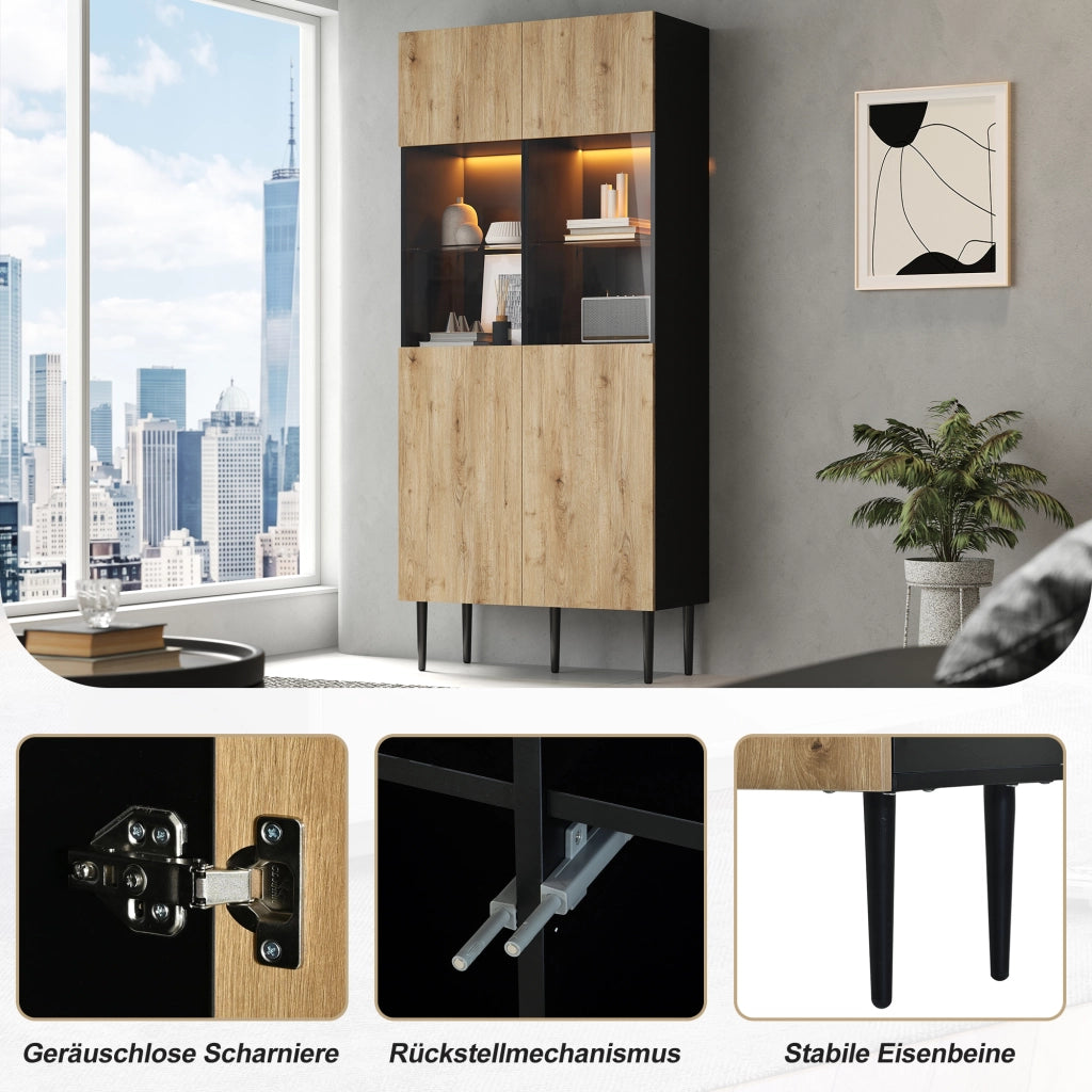Credenza e madia con 2 ante in vetro temperato, 10 vani, LED, per soggiorno, nero e legno naturale, 80 × 35 × 180 cm
