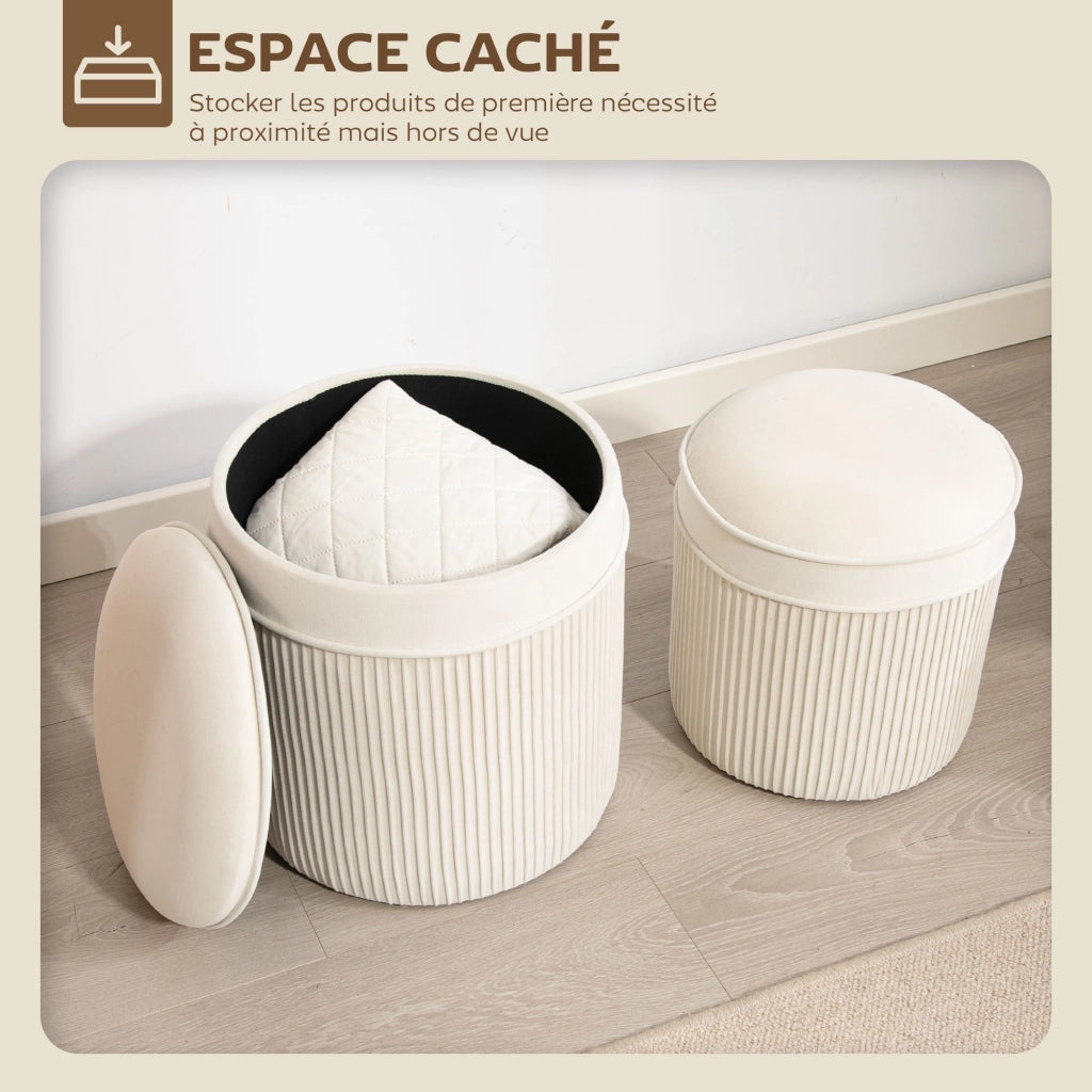Pouf tondo con coperchio e cassetti ¨C Zephmum ¨C Cr¨¨me, velluto, ? 36 e 32 cm