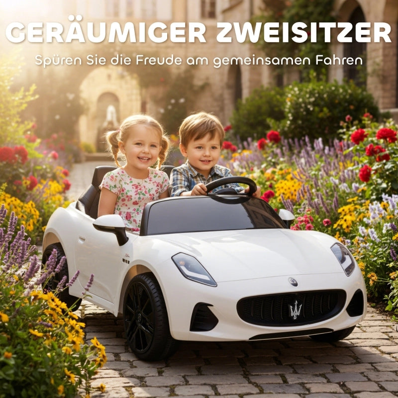 Maserati auto elettrica per bambini, 2 posti, alimentazione a batteria 12V, telecomando, luci a LED, funzione musicale, bianca