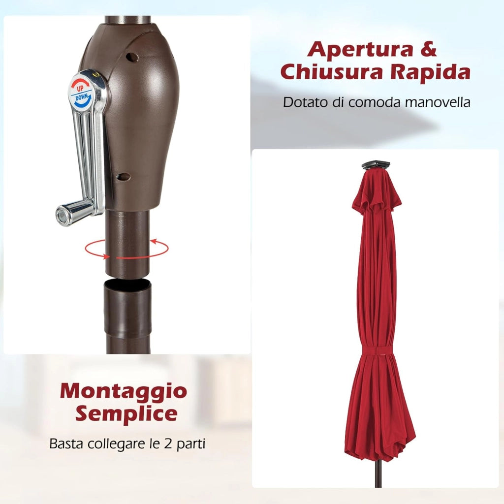Ombrellone da Giardino con LED Luci Ø300 cm, Parasole da Esterno Ombrello da Spiaggia (Rosso)