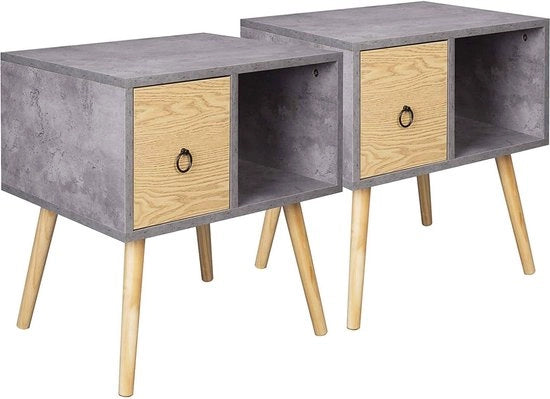 Set di 2 Cassetti da Notte in Legno - Cassettiera/Biblioteca - Per Camera da Letto e Salotto - MDF - Grigio con Legno Chiara - 48x40x50 cm