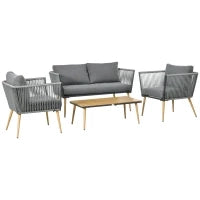 Set da Giardino in Rattan Sintetico da 4 Posti con 1 Divano, 2 Poltrone e 1 Tavolino, 7 Cuscini Inclusi, Grigio