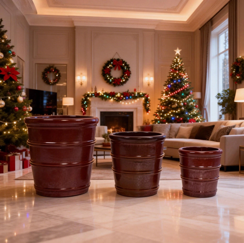 Set di 3 vasi per piante in ceramica rosso-bruna lucida, resistenti al gelo e decorativi