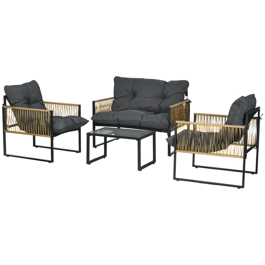 Set salotto da giardino 4 pezzi con divano 2 posti, 2 poltrone e tavolino vetro temperato ¨C Zephmum ¨C Grigio