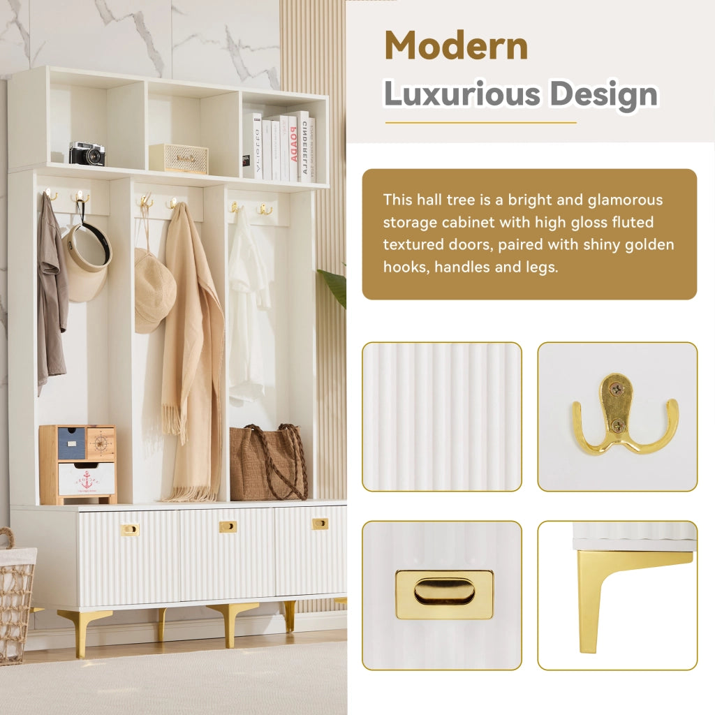 Mobile da ingresso con panca, 6 ganci e vani aperti, ante scanalate, per ingresso, bianco, 120 × 40 × 191 cm