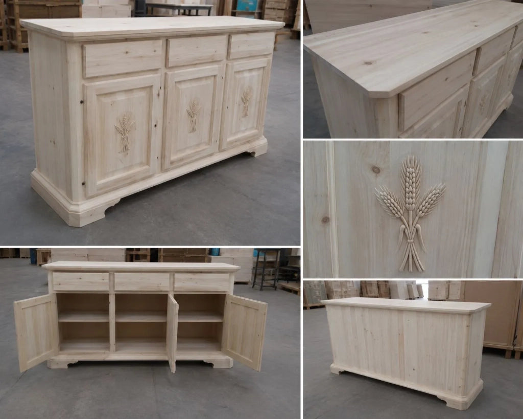 Madia credenza in legno grezza 3 ante con intarsio l.163 p.49 h.98 (2141) - Mobili 2G