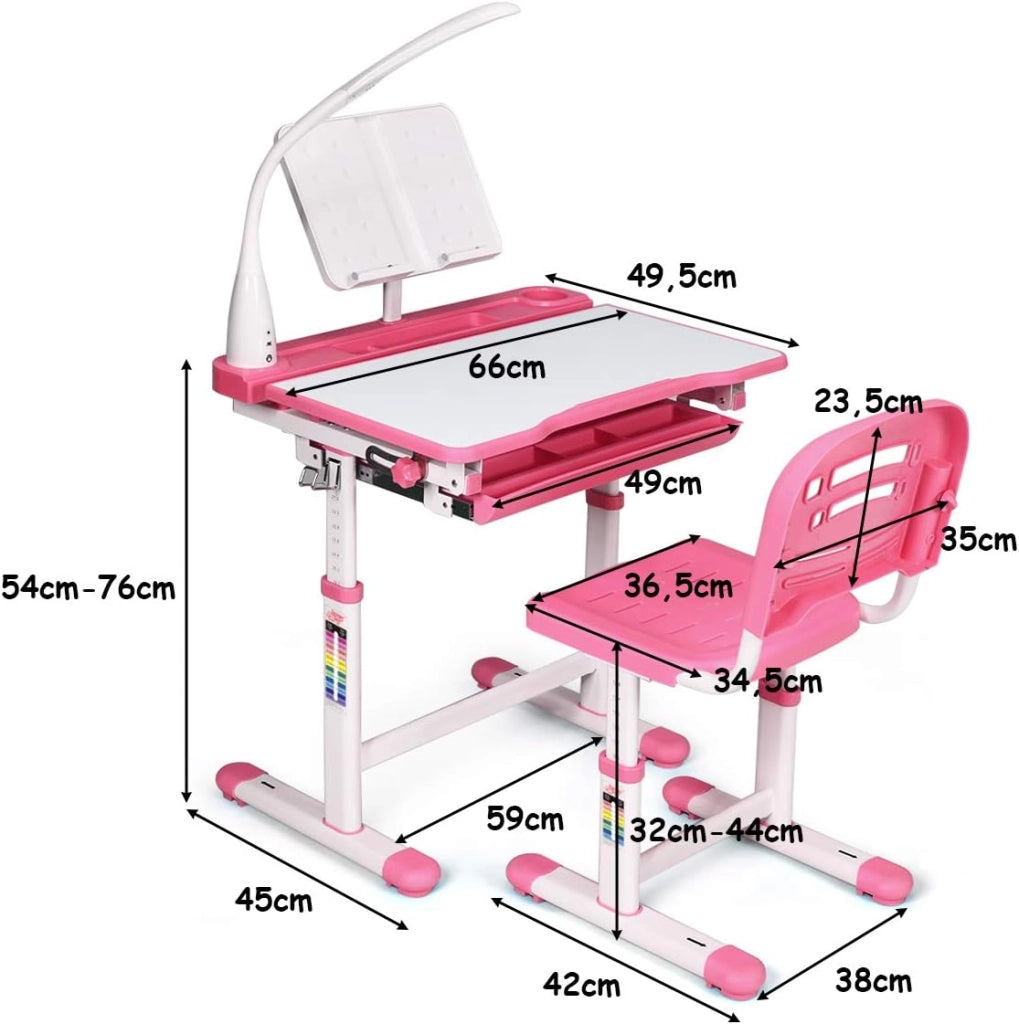 Set Scrivania e Sedia per Bambini 3-12 Anni, Altezza e Angolo Regolabile e Multifunzionale, Con Lampada di Protezione per gli Occhie Cornice per la Lettura (ROSA)