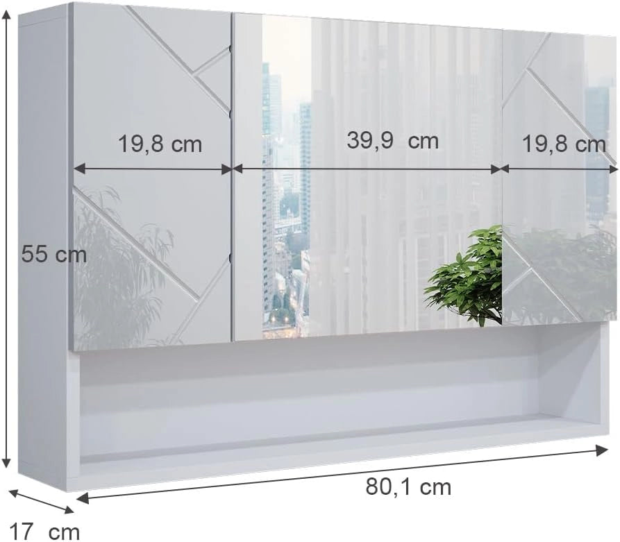 Specchio contenitore bagno Irma, Bianco lucido, 80.1 x 55 cm, con specchio e ripiani aperti per montaggio a parete