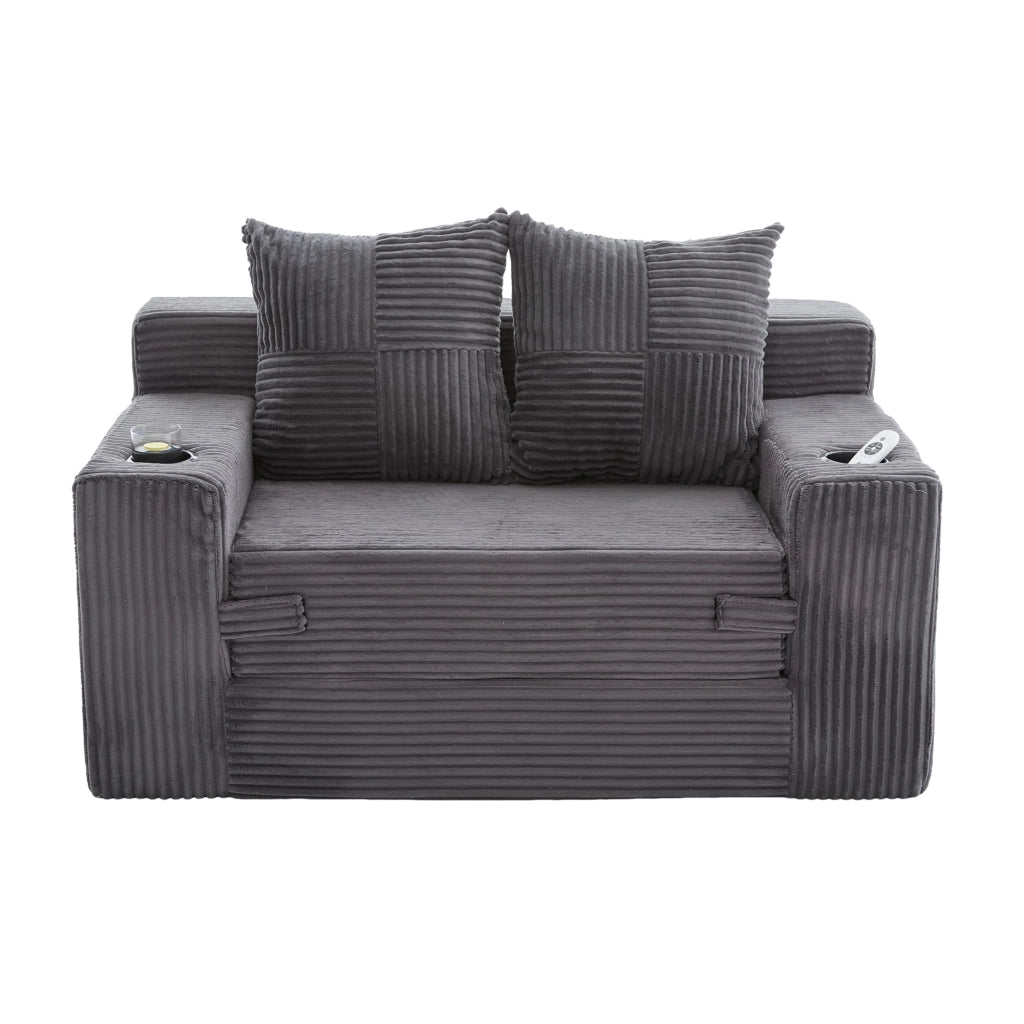 Divano pouf 151x133x64 cm con tasche laterali e 2 cuscini in velluto a coste grigio
