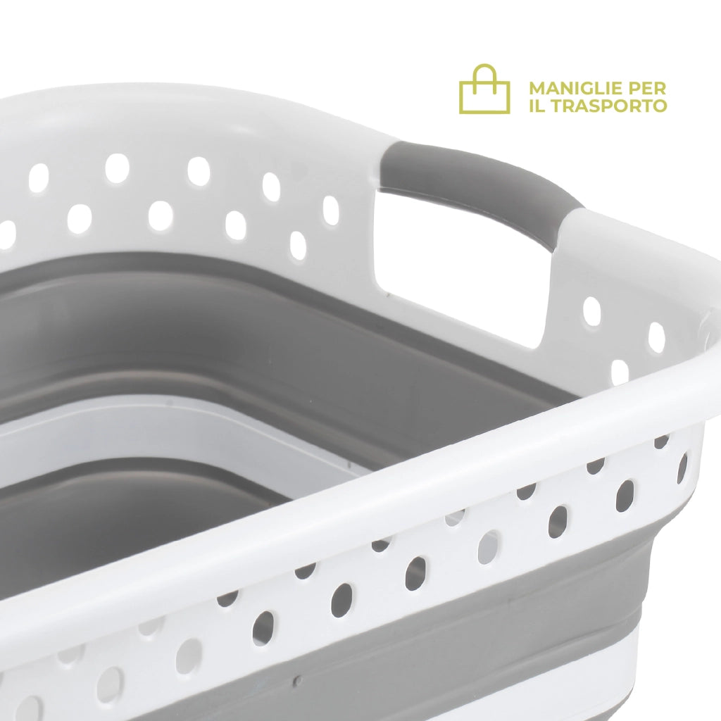 Set 2 Ceste Portabiancheria Pieghevoli 24L e 39L, Cesti Salvaspazio in Plastica e Silicone con Maniglie, Ceste Bucato Richiudibili Grigio Bianco per Bagno Lavanderia Casa
