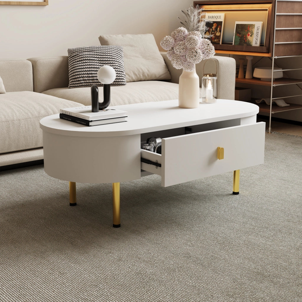 Tavolino da Caffè con 2 Cassetti; Maniglie e Gambe Dorate; Angoli Arrotondati; Stile Moderno; in MDF; Bianco; 108×50×40 cm