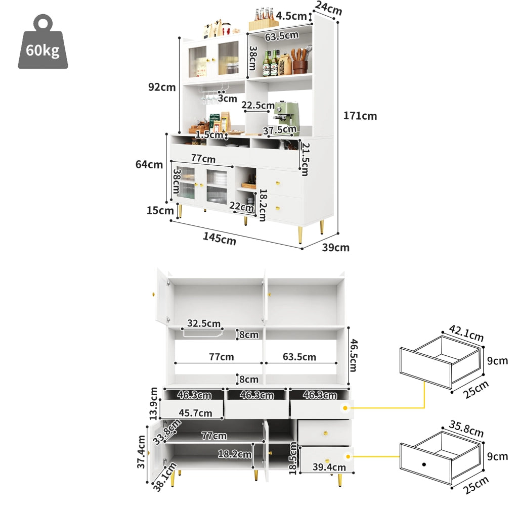 Credenza 145x39x171 cm con porte in vetro; portabottiglie e ampio spazio contenitivo in MDF bianco