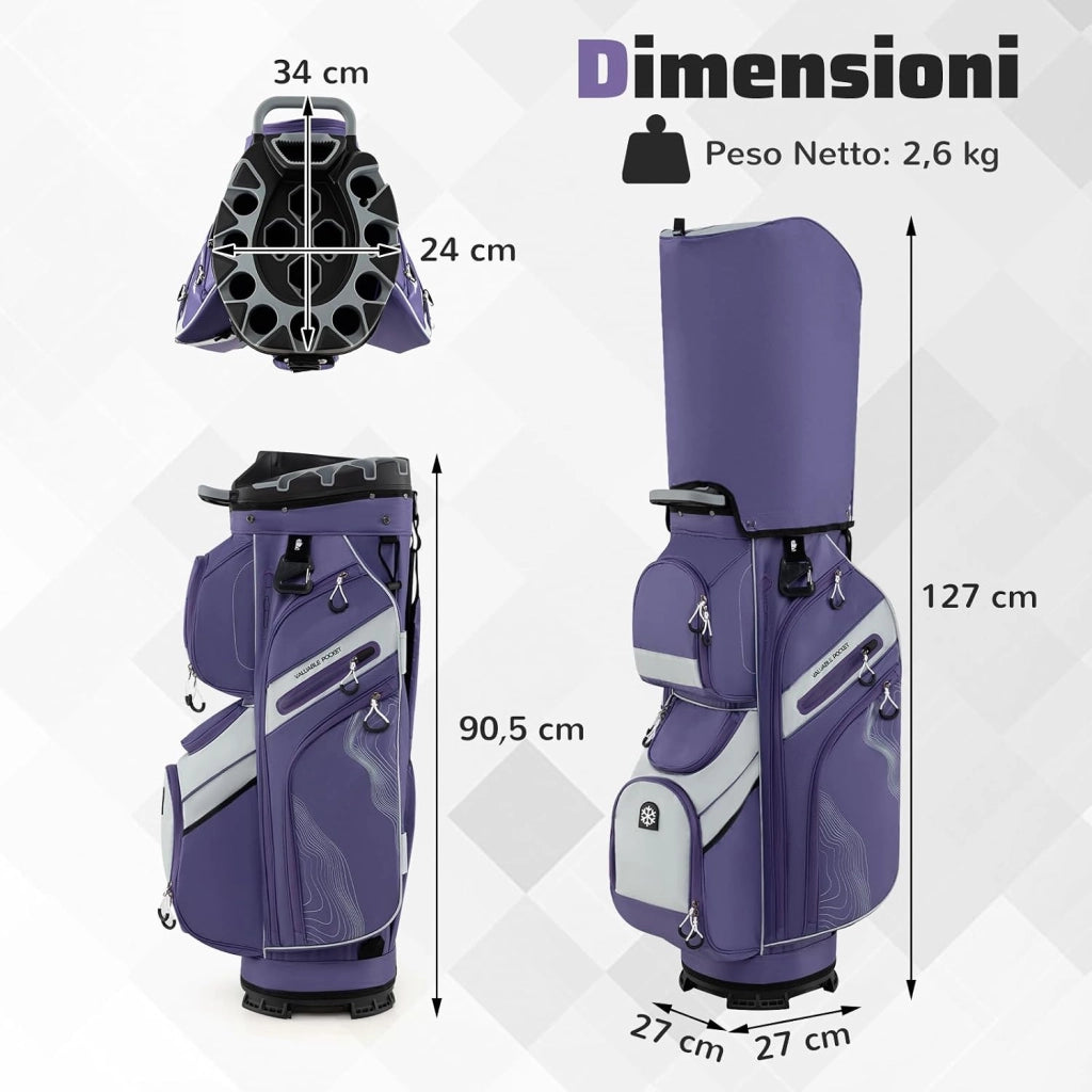 Borsa Carrello da Golf, Sacca da Golf con Serratura e Divisori a 14 Vie, 11 Tasche, Sacca Isolante, Tracolla Imbottita, Maniglie, Porta Ombrello e Cappuccio Antipioggia