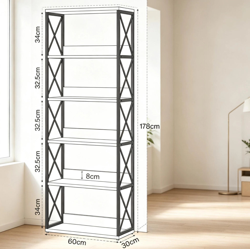 LIBRERIA Industriale 5 Ripiani 178 cm Metallo e Legno Nero/Marrone