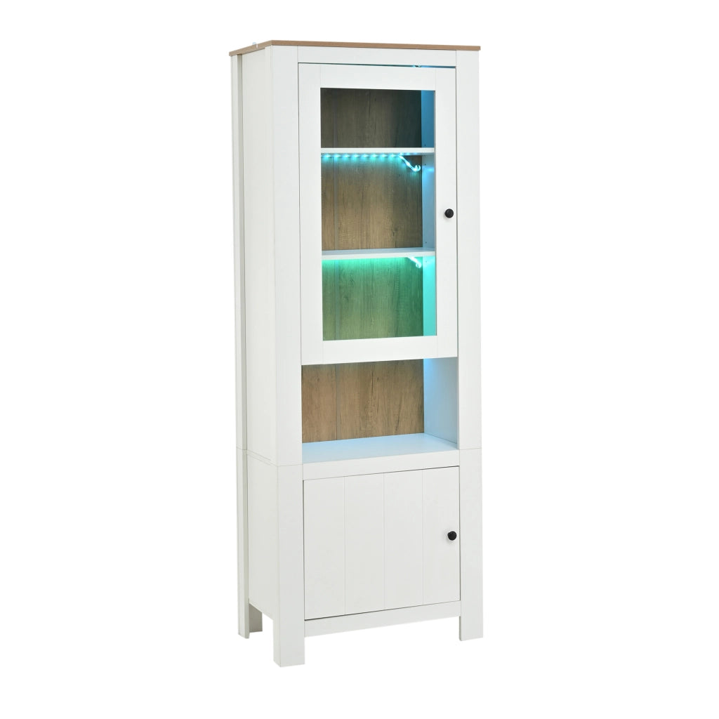 Vetrina Alta con LED ¨C MINIMAL ¨C Bianco/Legno, 2 Ante, 6 Ripiani, 70x40x188
