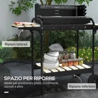 Barbecue a Carbonella ad Altezza Regolabile con 3 Ripiani e Vassoio, in Metallo Legno, 113x53.5x82.5 cm, Nera