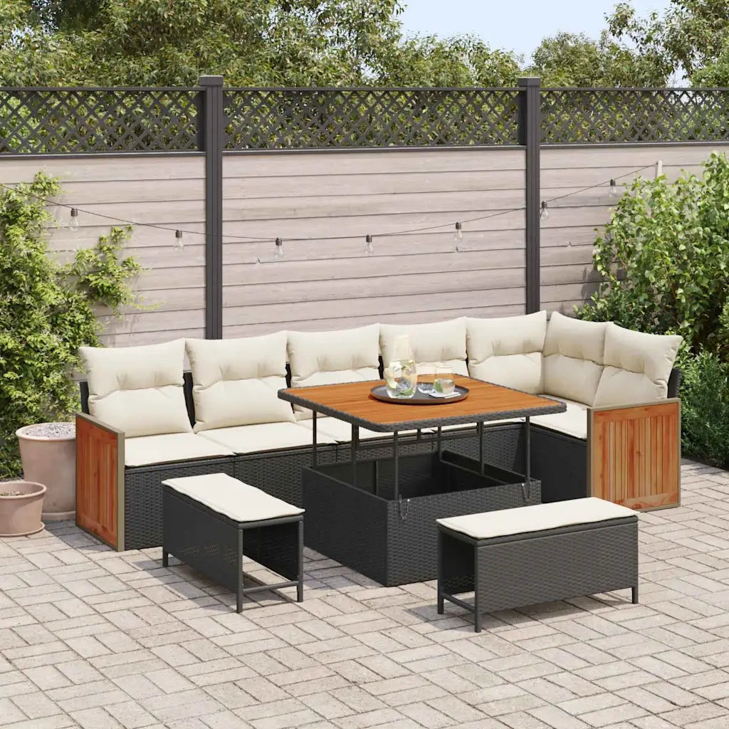 Set Divano da Giardino 11 pcs Nero e Crema polyrattan