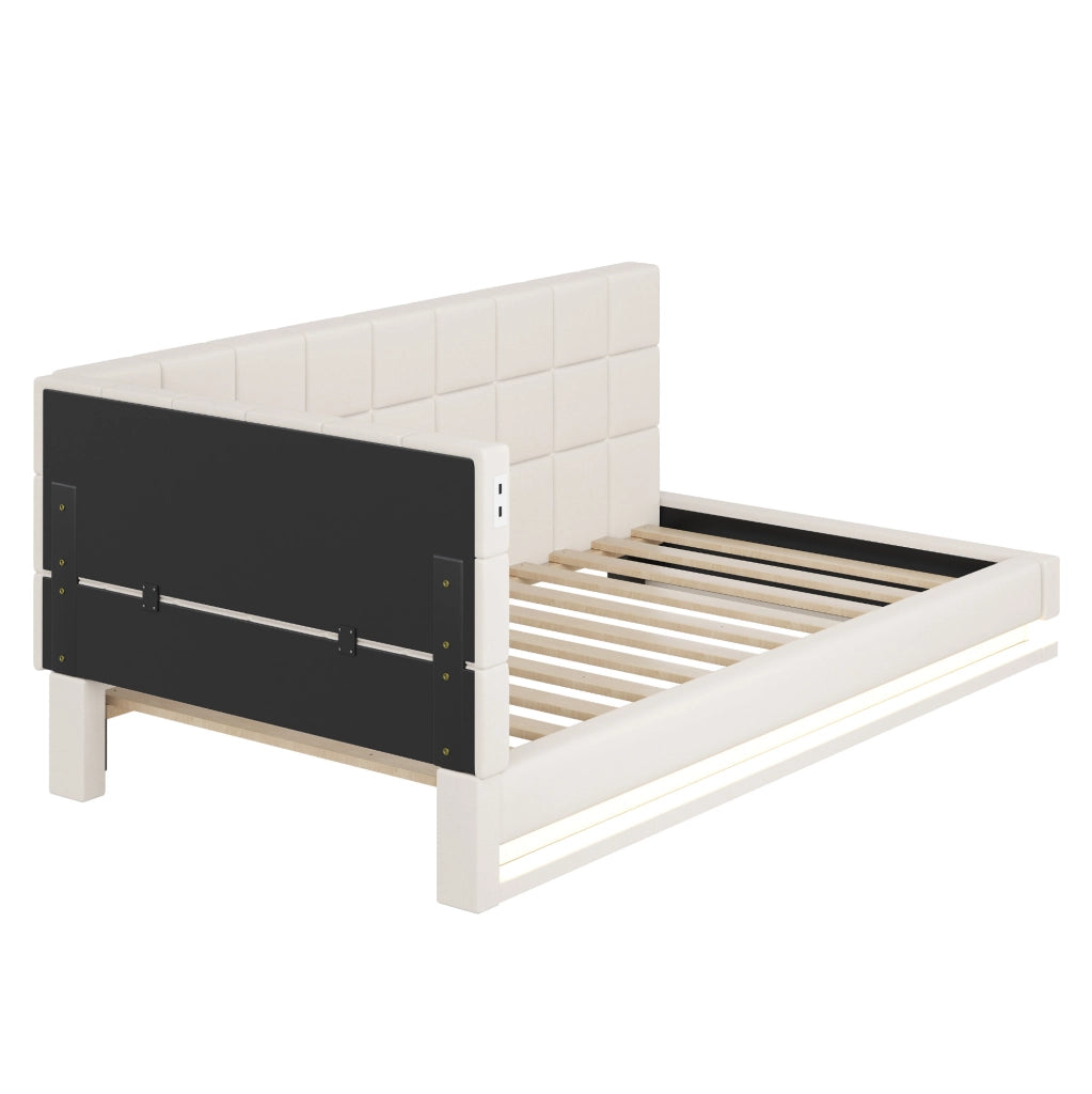 Divano letto imbottito 90x200 cm beige con LED e USB