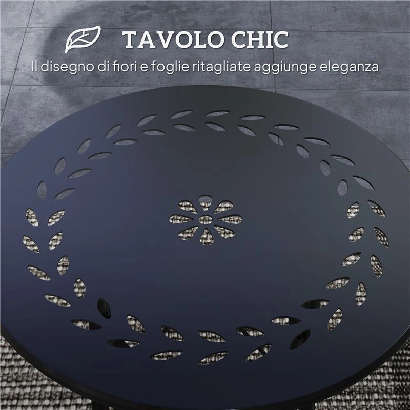 TAVOLINO DA GIARDINO CON INTAGLI A FIORI E FOGLIE, TAVOLO DA ESTERNO E INTERNO, Ï40X50 CM, NERO