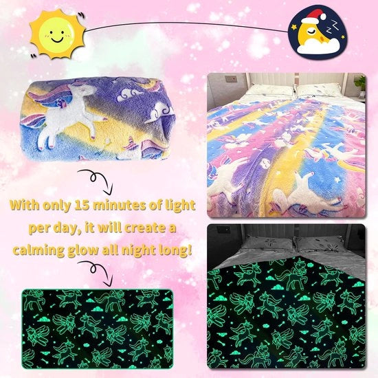 Deconetto di peluche per bambini, deconetto unicornio, deconetto di peluche, luce nel buio, deconetto di cotone soffice per ragazzi, ragazze e adolescenti, letto, divano, deconetto soffice (unicornio-03, 130 x 150 cm)
