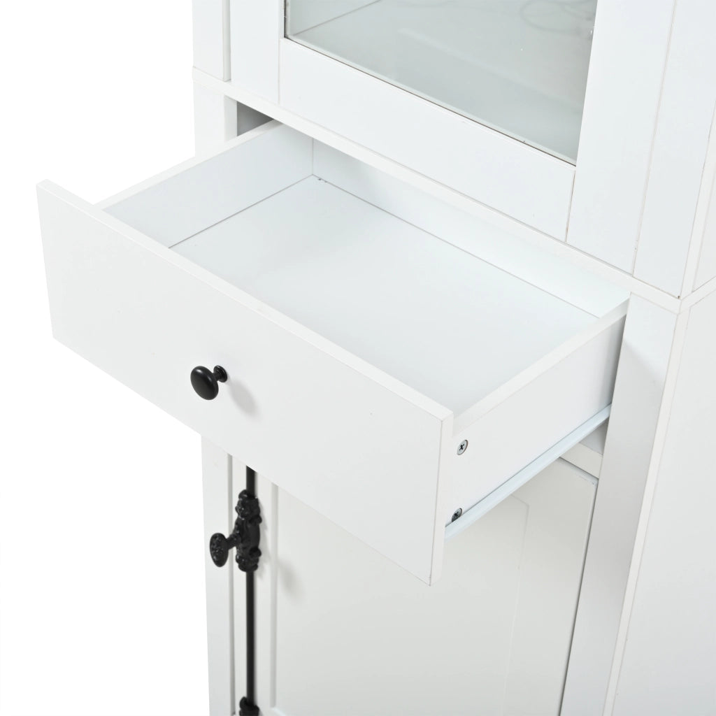 Vetrina alta con LED, 2 ante e 1 cassetto, 5 ripiani e vani contenitore, per soggiorno, in truciolato bianco 55 × 40 × 200 cm