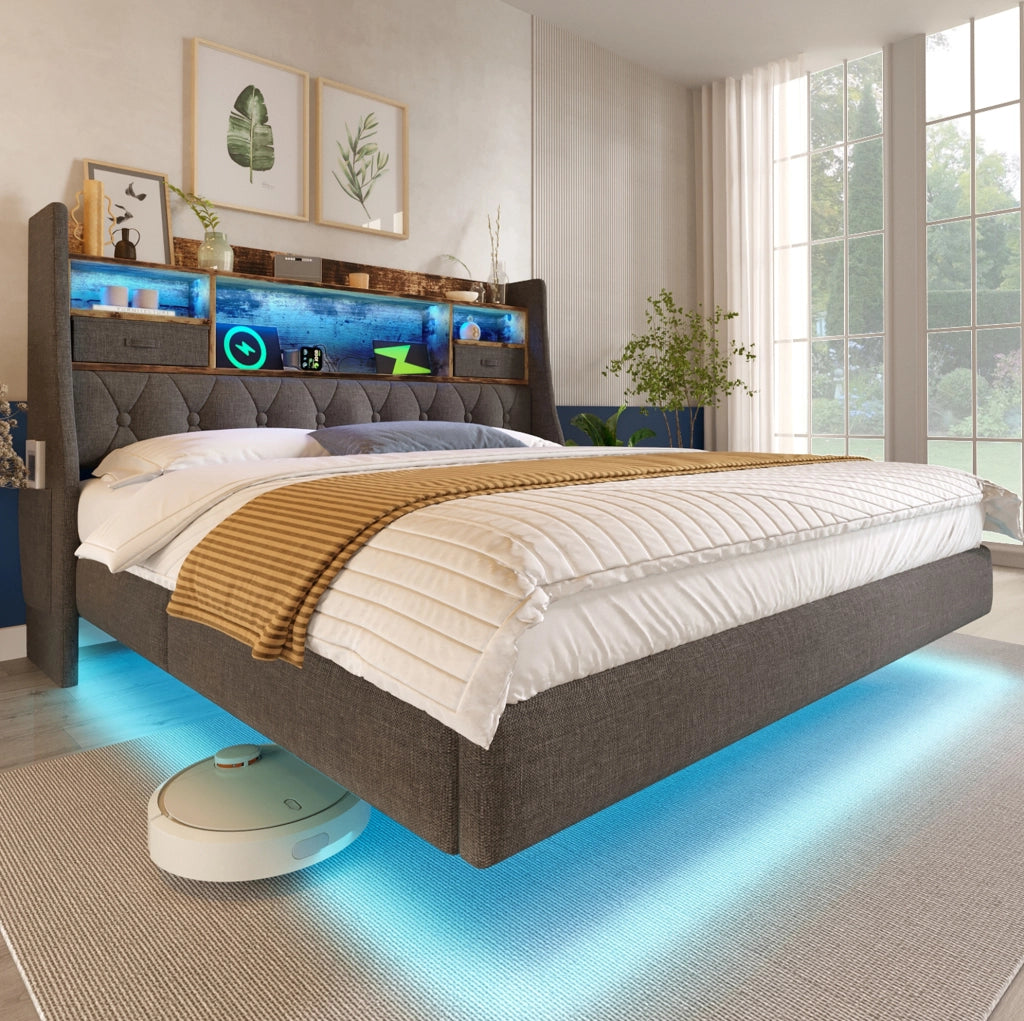 Letto matrimoniale 140x190 cm con LED e porta USB C; testiera con contenitore e rete a doghe; lino grigio