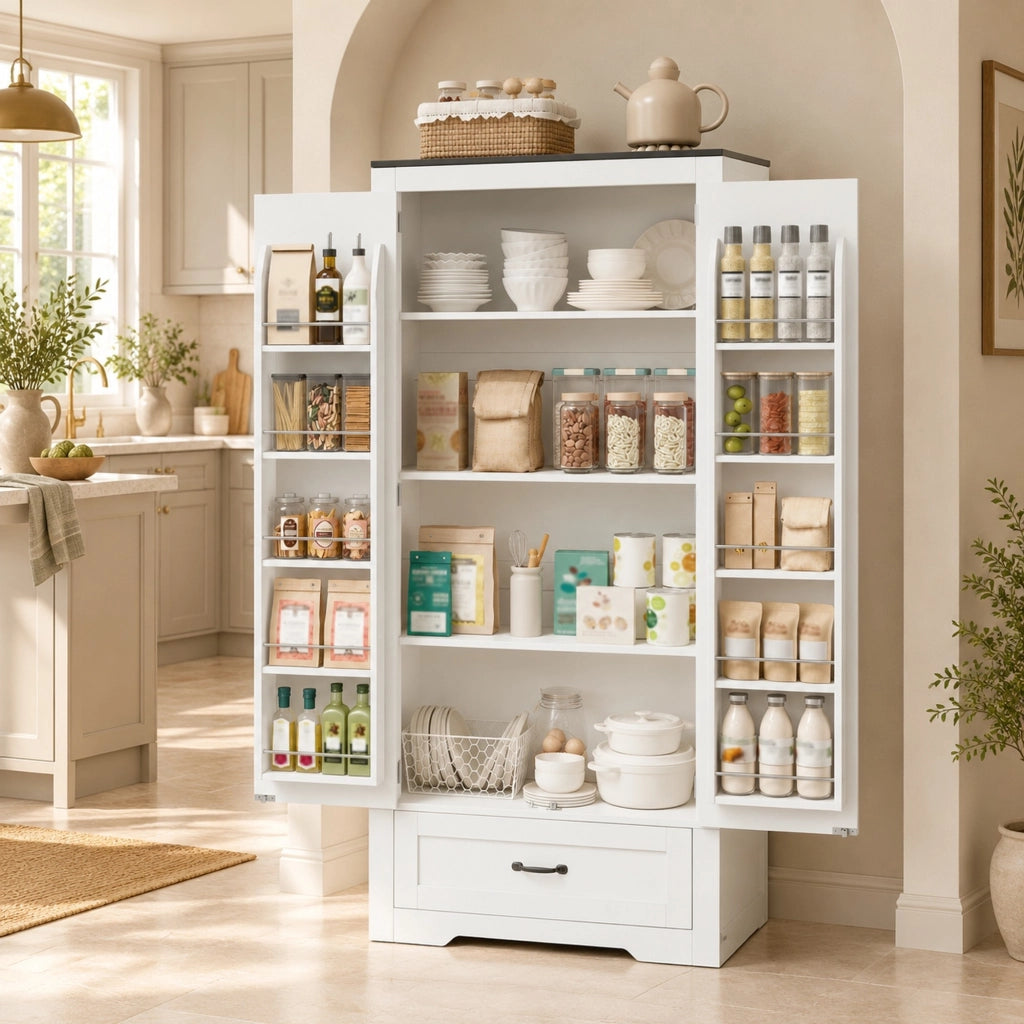 Armadio dispensa da cucina 80x35x183 cm con 2 ante e cassetto bianco HOMVRA