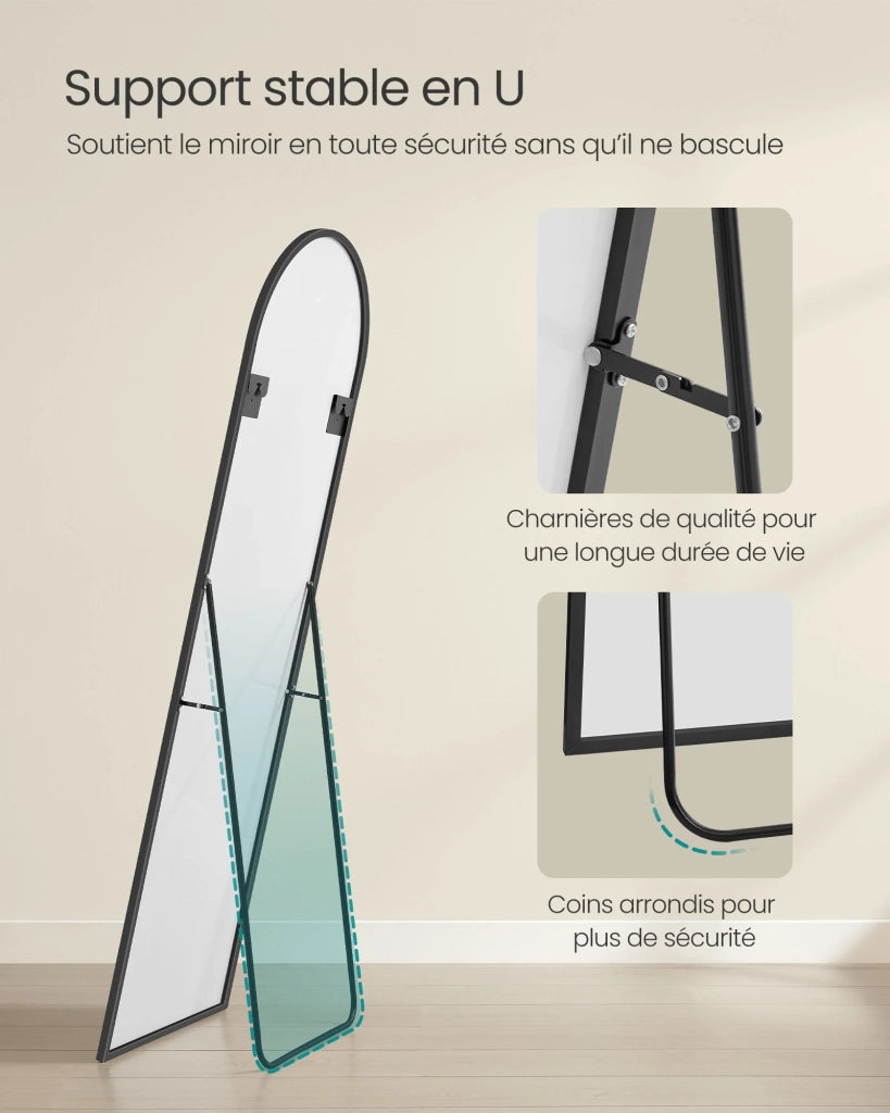 Specchio a figura intera 160 x 50 cm specchio rettangolare autoportante grande specchio da terra cornice in lega di alluminio vetro temperato per camera da letto soggiorno spogliatoio nero 12_0006598