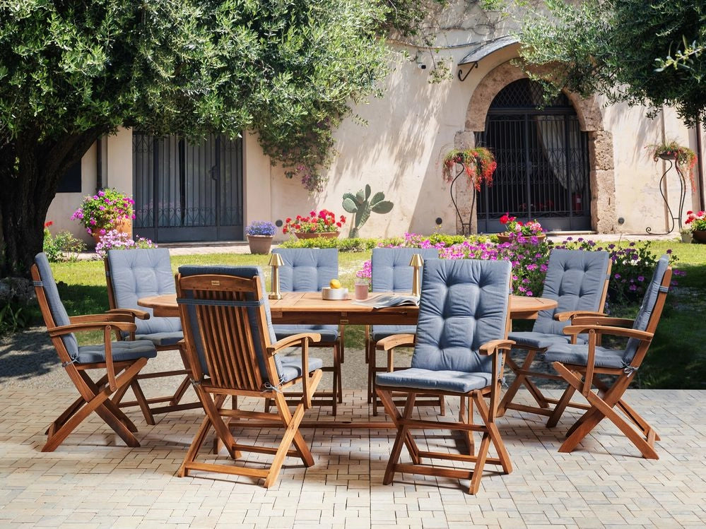 Set di 8 cuscini da esterno in poliestere blu trapuntato, spessi, per sedie da giardino, con lacci, resistenti ai raggi UV e all'acqua