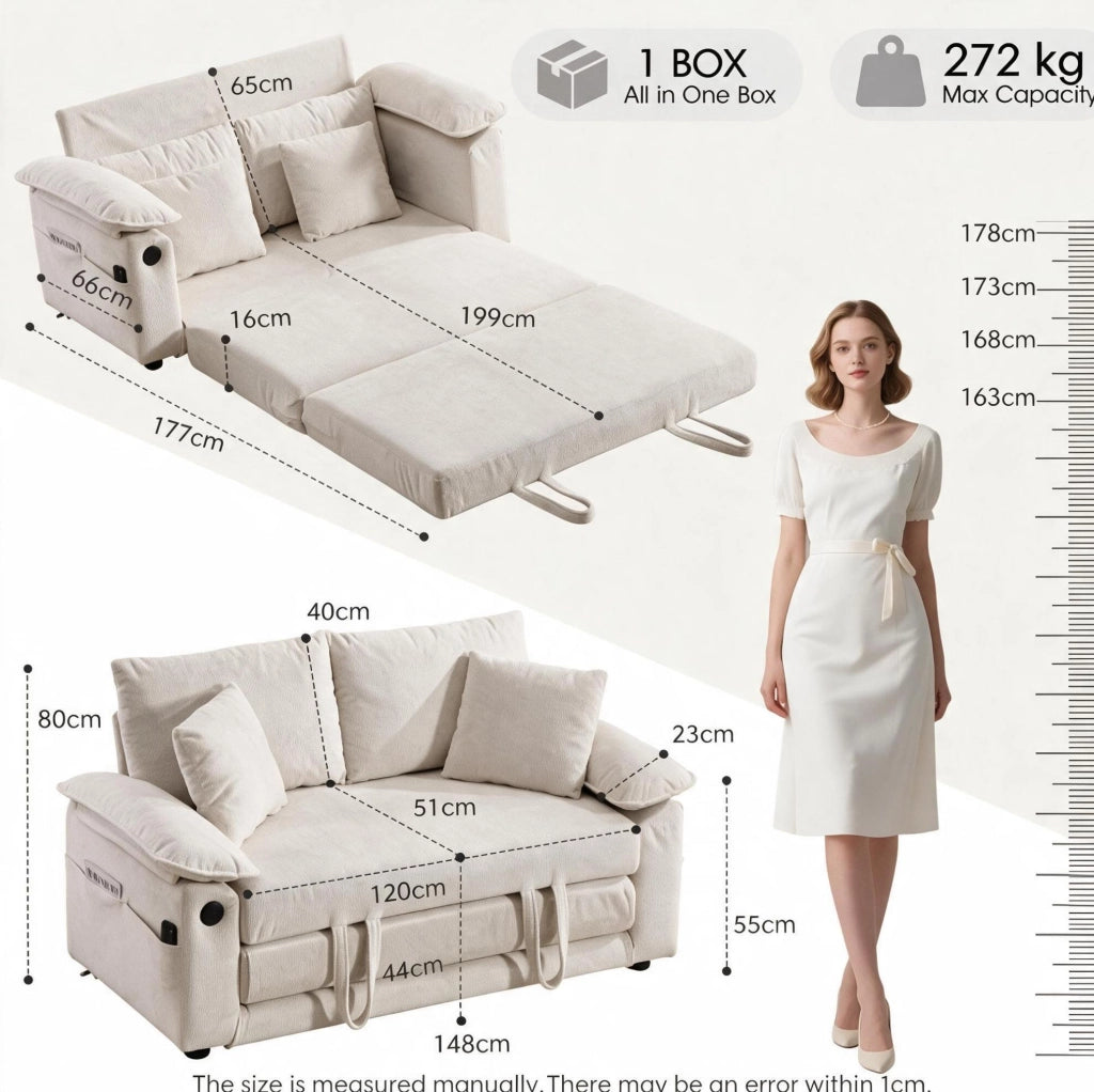 Divano letto convertibile 135x66x80 cm in tessuto bianco con tasche laterali -