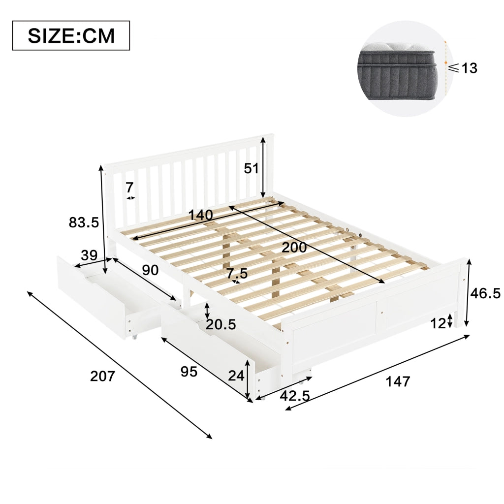 Letto matrimoniale 140x200 cm bianco con 2 cassetti