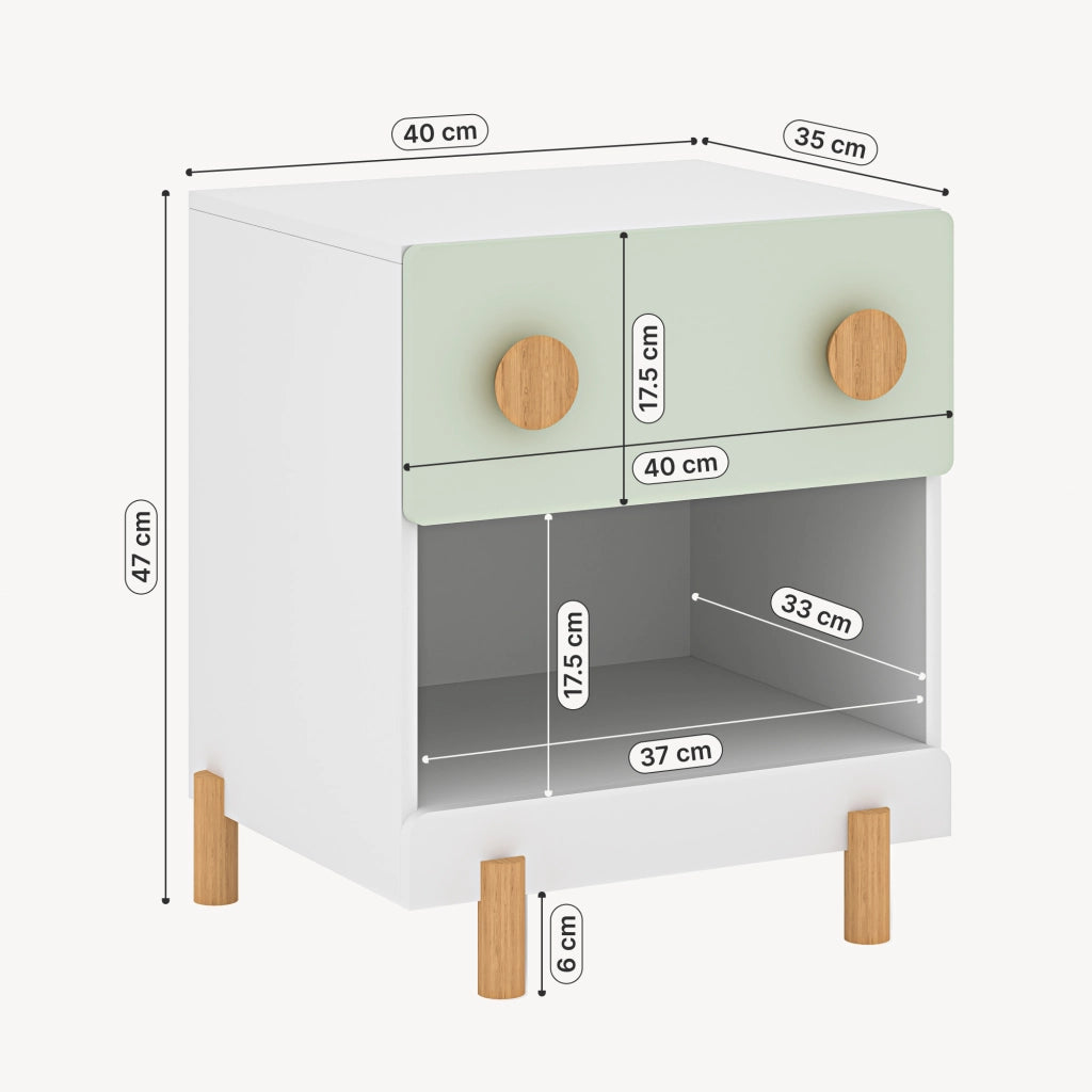 Comodino per Cameretta Vaarentaa con Cassetto e Scomparto Aperto 47x40x35 cm - Bianco/Verde Menta [en.casa]