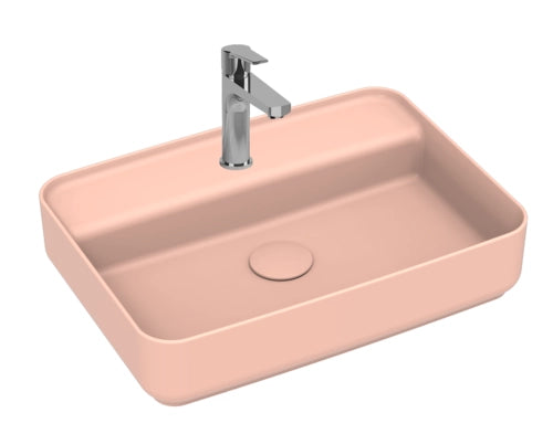 Lavabo rettangolare da appoggio senza troppo pieno in ceramica con foro rubinetto - Salmone Opaco